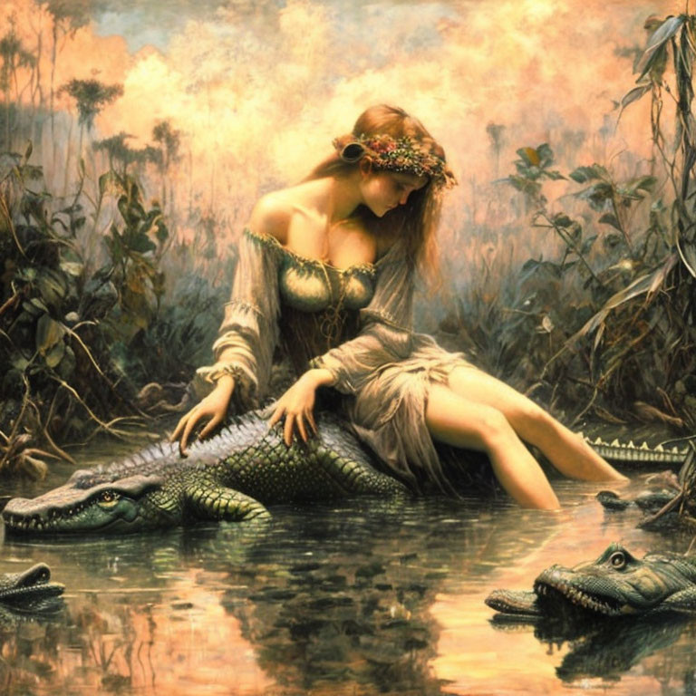 Woman sitting on crocodile in swamp surrounded by misty foliage