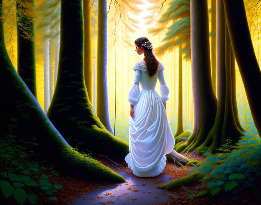 Woman in Vintage Dress Standing in Sunlit Forest