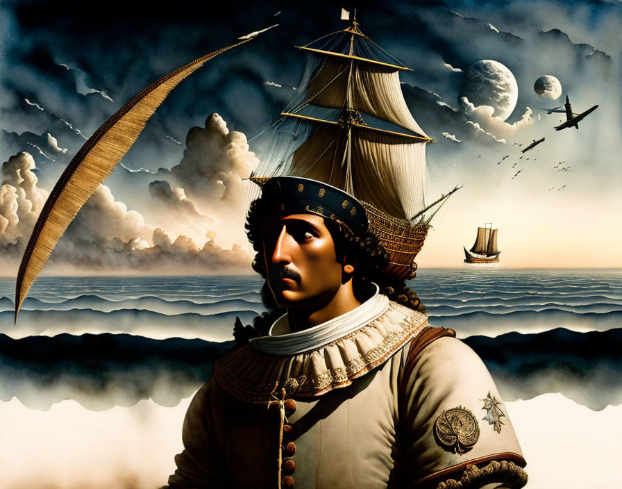 Surreal man with ship and ocean waves in moonlit sky