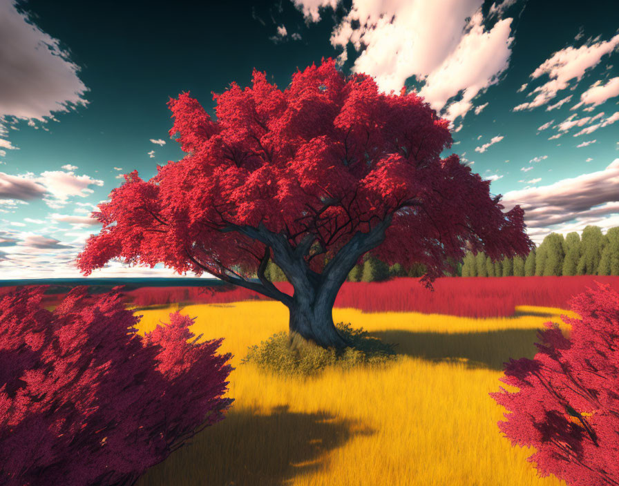 Colorful surreal landscape with red-leafed tree in golden field under blue sky