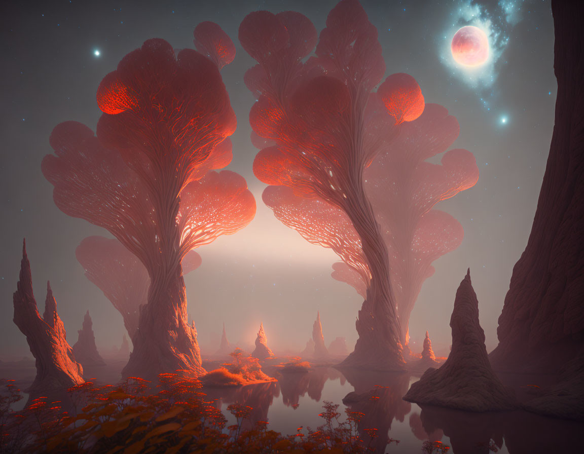 Surreal landscape with red coral-like trees under starry sky