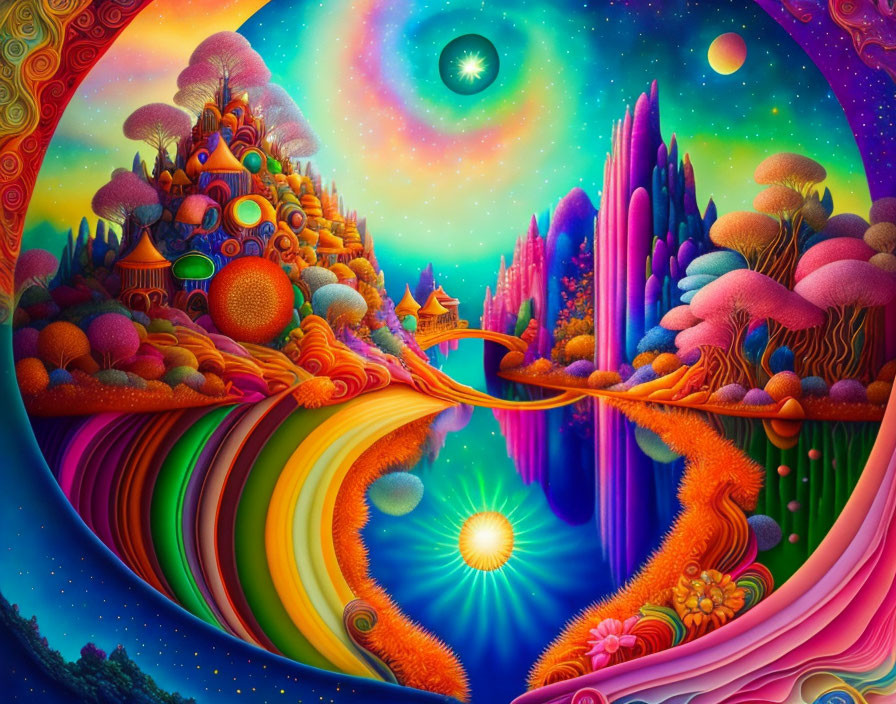 Colorful psychedelic landscape with mushrooms, architecture, and starlit sky.