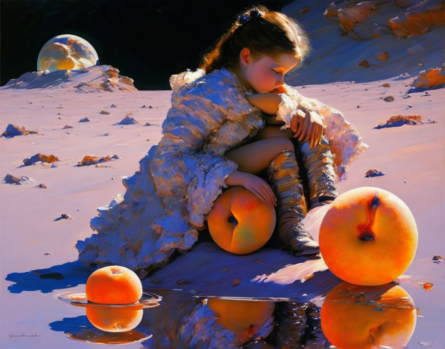 Contemplative girl in fur cloak on alien landscape with peaches under dark sky.