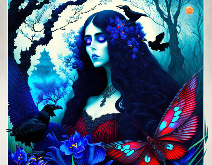 Fantastical image: Woman with black hair, blue flowers, butterflies, birds, Asian pagoda