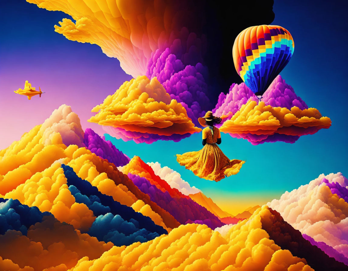 Colorful surreal sky with swing, hot air balloon, and plane