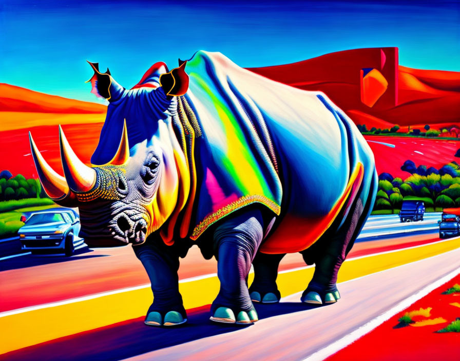 Colorful Stylized Painting: Rhinoceros in Shoes on Roadside