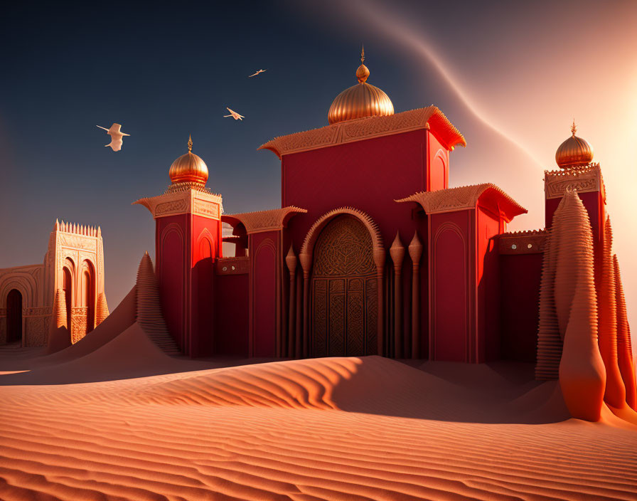 Red Sandstone Palace with Domes and Archways Amid Desert Sunset