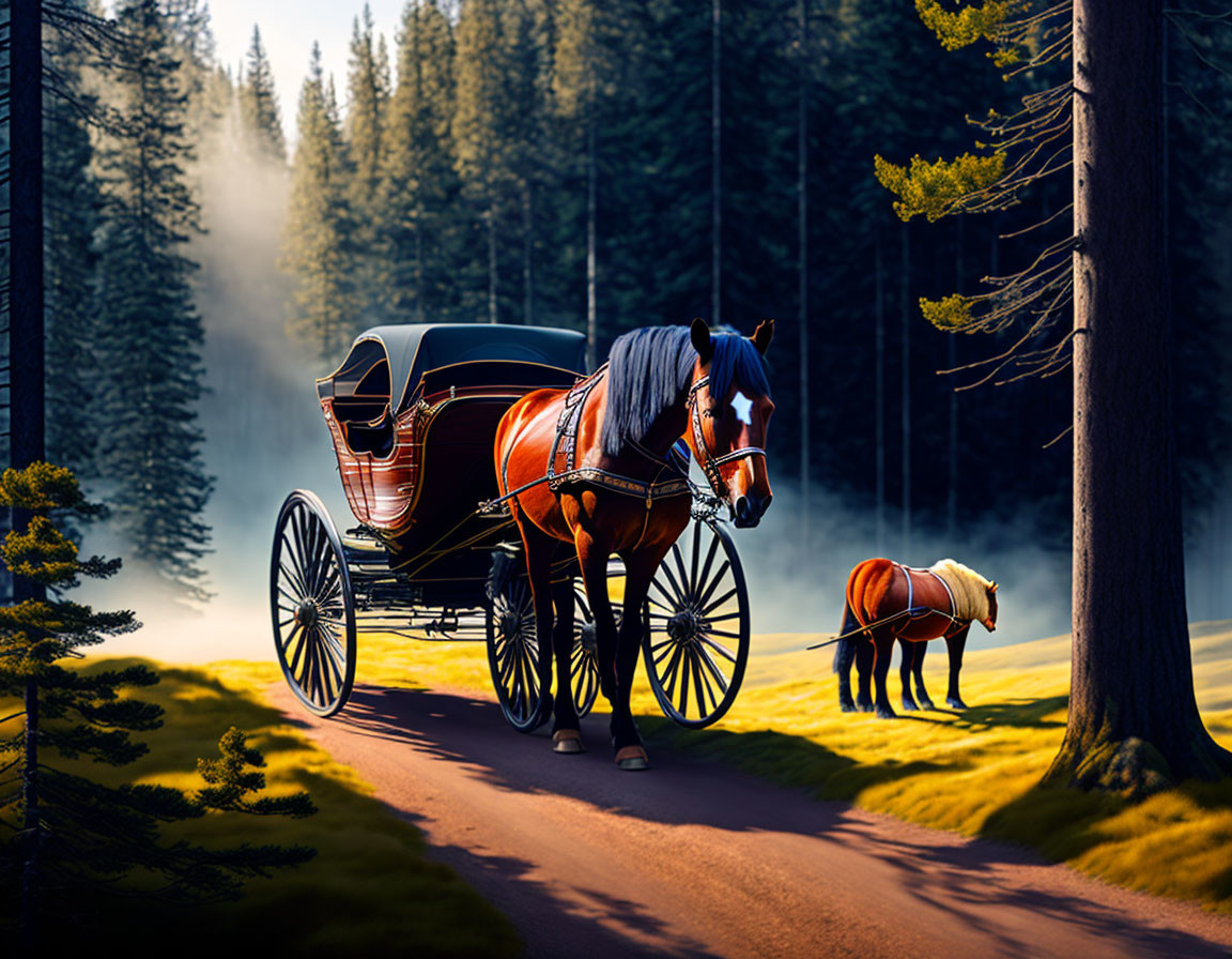 Horse-drawn carriage on forest path with sunlight filtering through trees