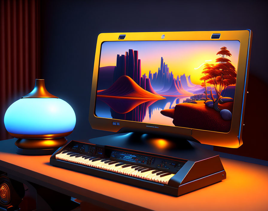 Colorful Workspace with Abstract Wallpaper, Monitor, Lamp, and Keyboard