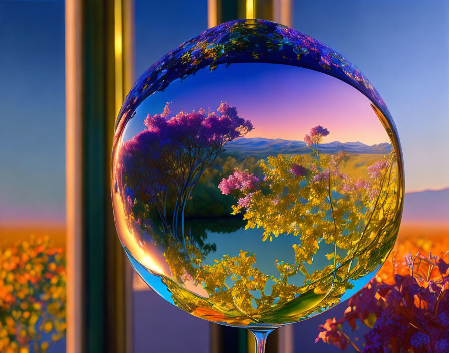 Crystal ball reflecting trees and sunset sky amid warm-toned foliage