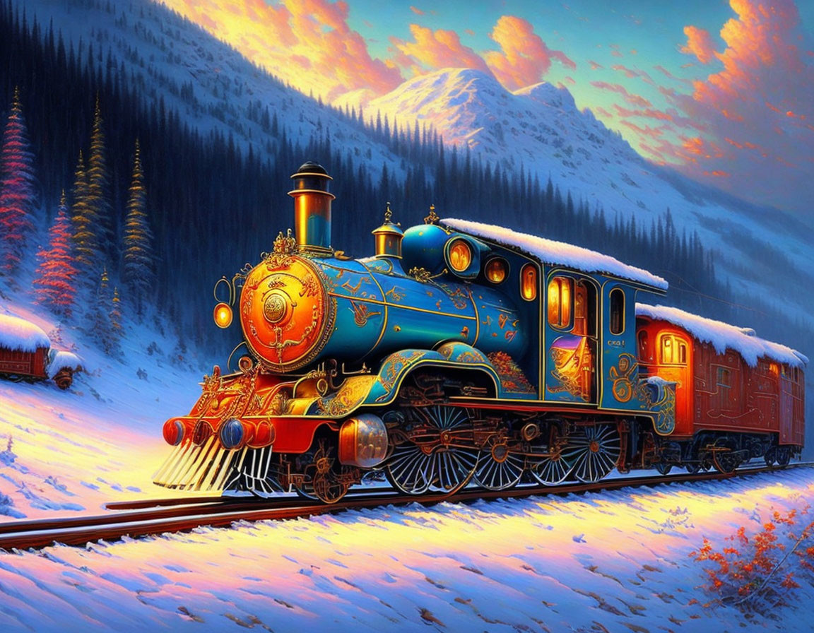 Vintage steam locomotive in snowy sunset landscape