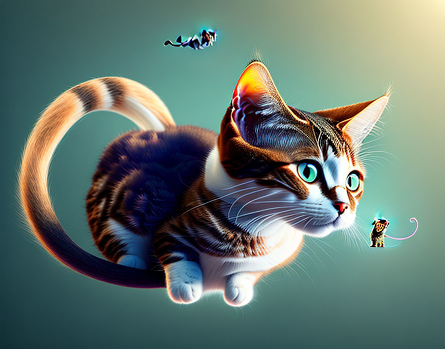 Whimsical digital artwork: Cat with oversized eyes and long, striped tail surrounded by floating fish.