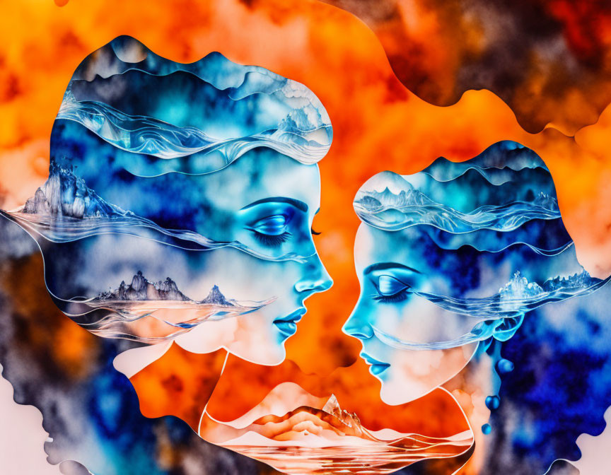 Abstract artwork: Two profiles facing each other with water and landscape silhouettes against fiery background