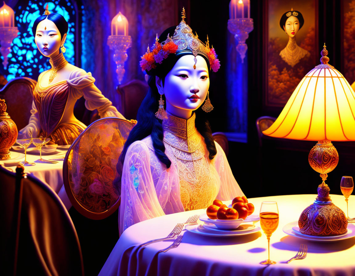 Traditional Asian Attire: Two Women in Opulent Room