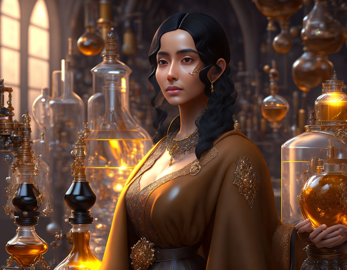 Dark-haired woman in ornate golden outfit in alchemical laboratory.