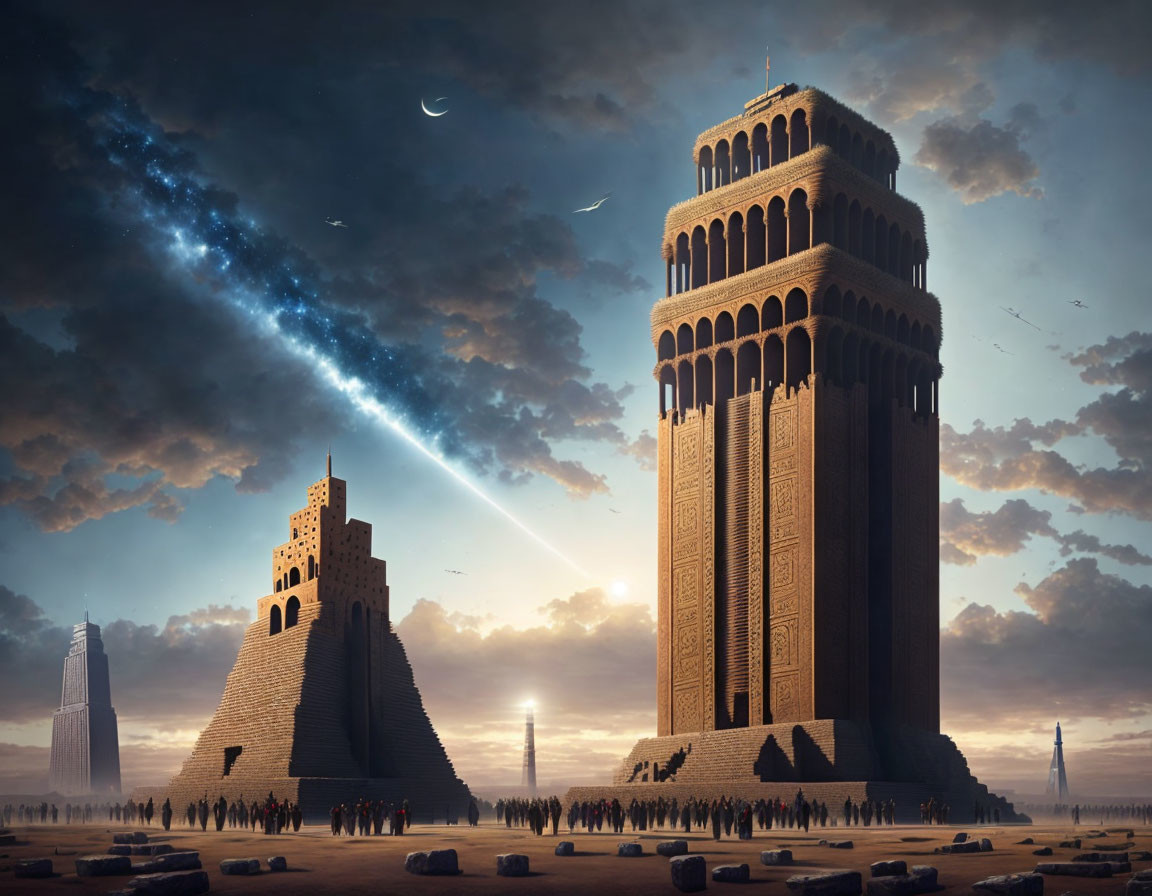 Fantastical landscape with towering structures and celestial elements