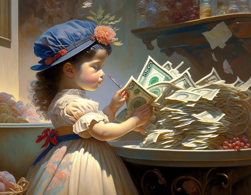 Young girl in vintage attire with blue bonnet examining dollar bills on table.