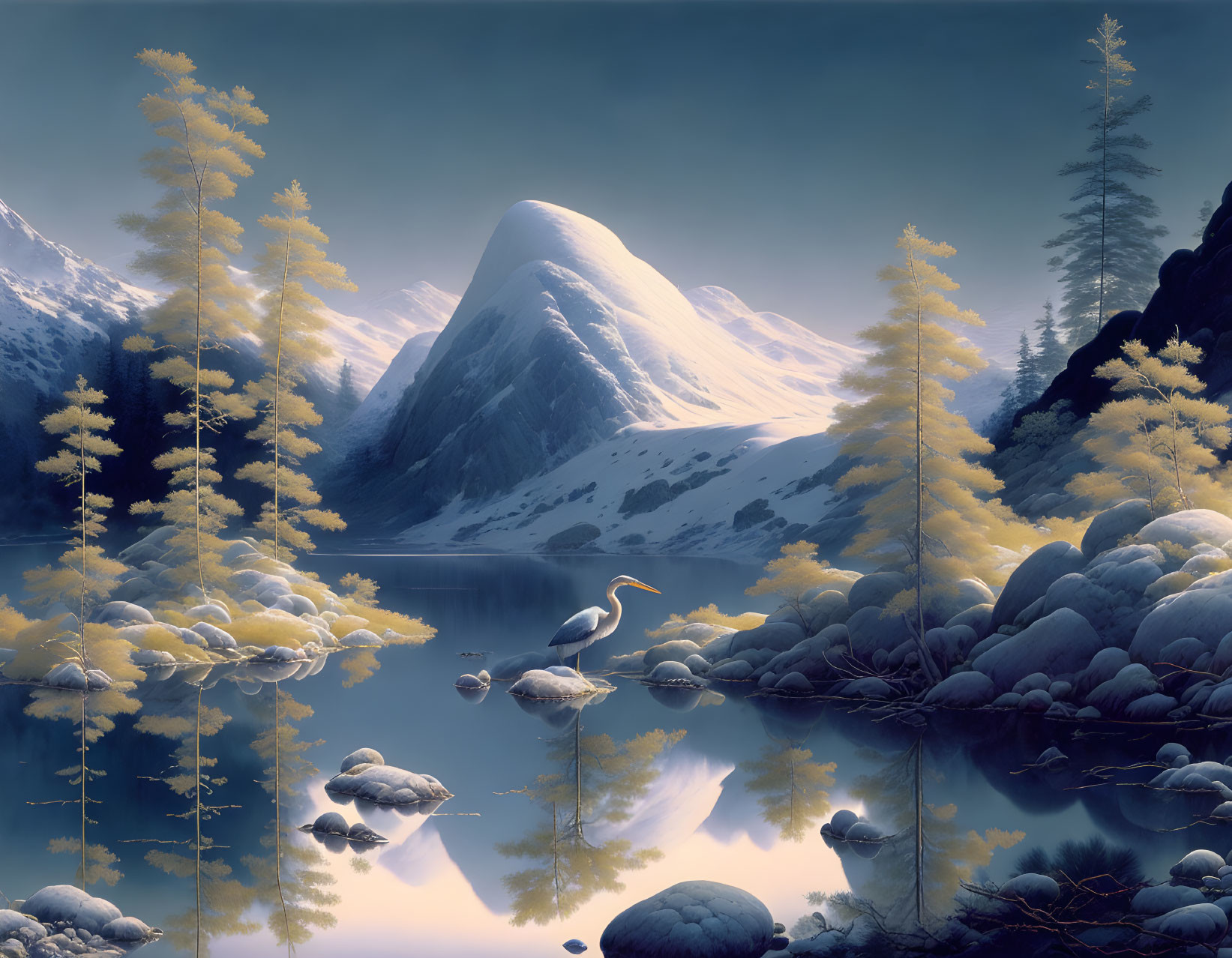 Snowy Peaks and Lake Reflections in Misty Mountain Landscape