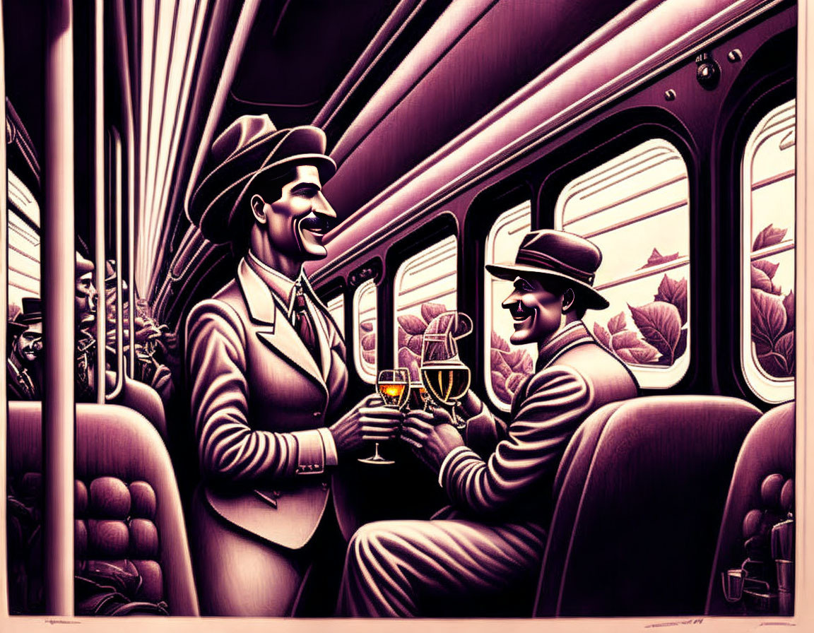 Stylized vintage figures toasting in old-fashioned train car ambiance