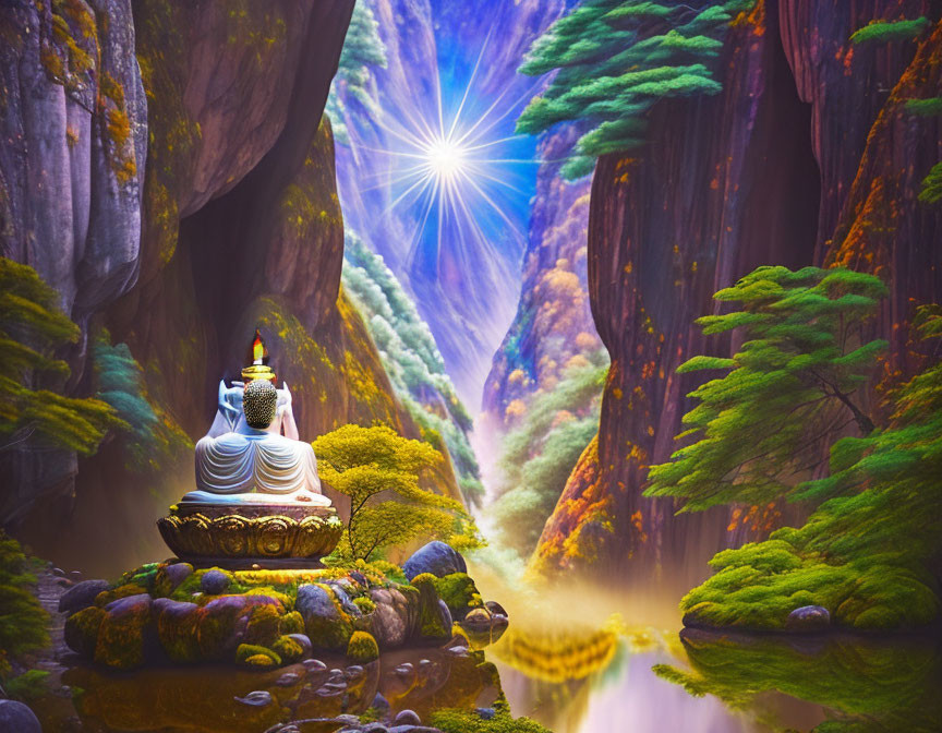 Buddha statue in serene landscape with lush greenery and sunburst