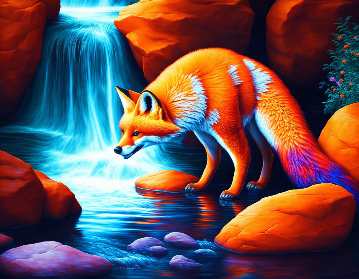 Colorful Fox by Blue Waterfall Surrounded by Nature