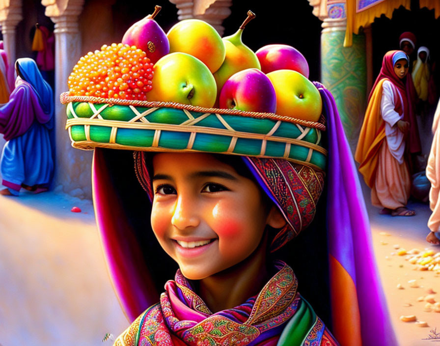 Smiling girl with basket of fruits in vibrant traditional clothing at market.