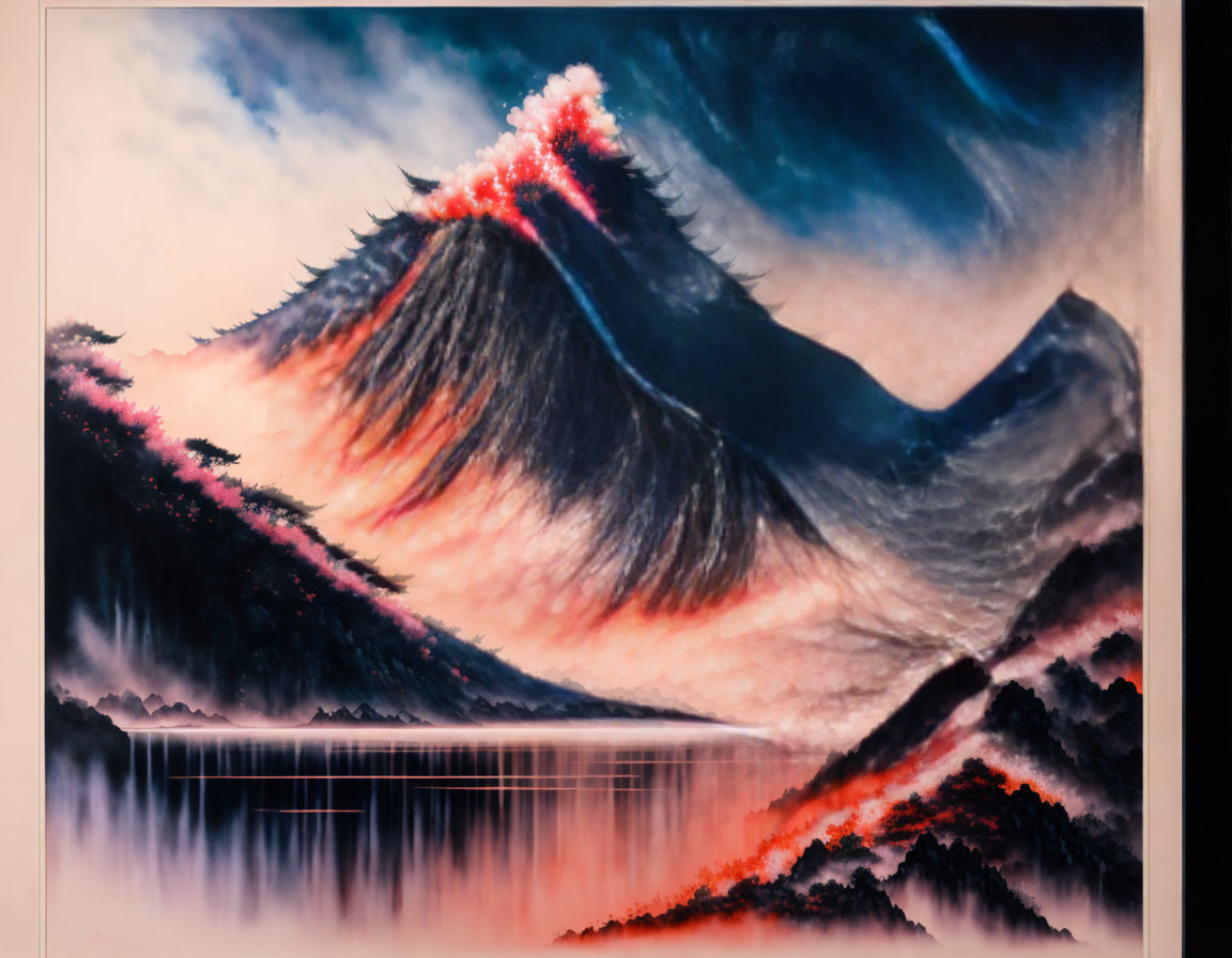 Mountain landscape painting with fiery red accents, reflective lake, and swirling sky