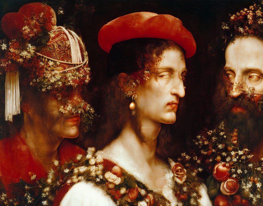 Three individuals in Renaissance attire with floral adornments and red headgear.