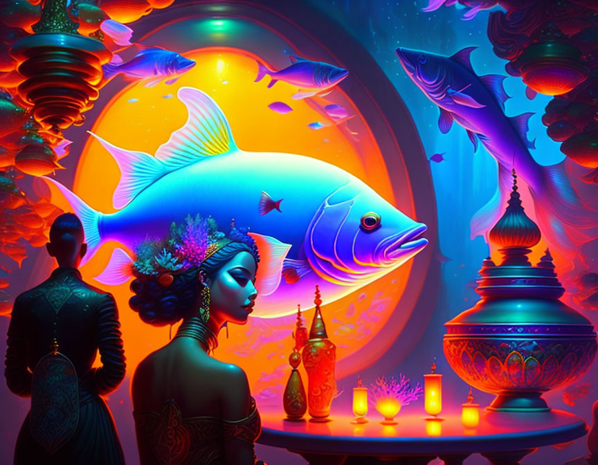 Fantasy art illustration of woman with glowing fish and ornate lamps