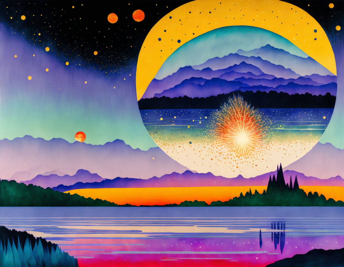 Vibrant sunset illustration: lake, mountains, moon, stars, firework reflected.