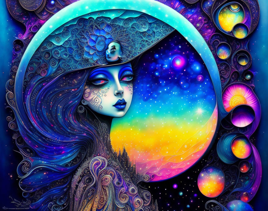 Stylized woman with blue skin in cosmic scene