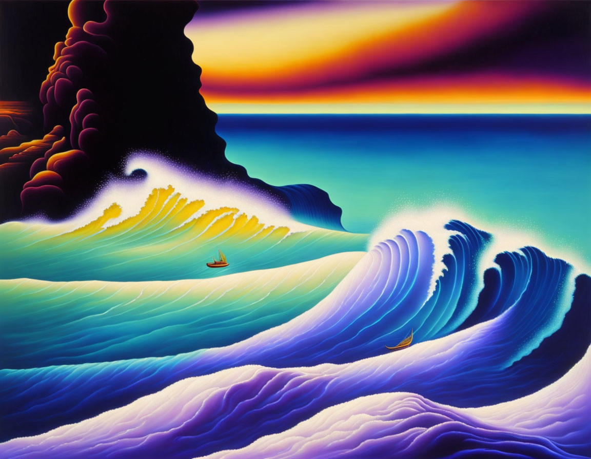 Colorful Stylized Ocean Waves at Sunset with Boats