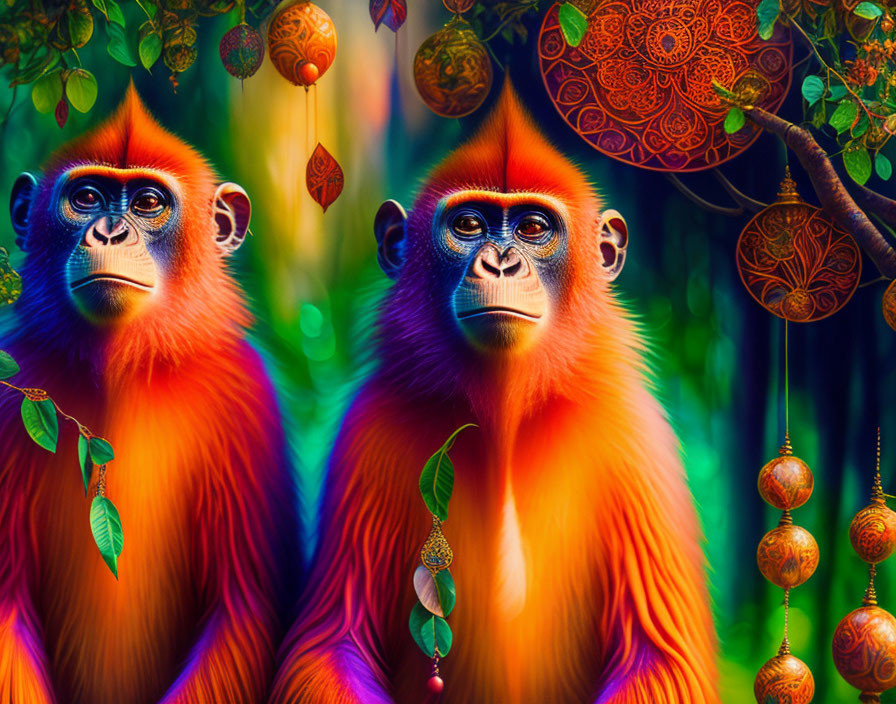 Vibrant Orange Monkeys Among Green Leaves and Red Patterned Spheres