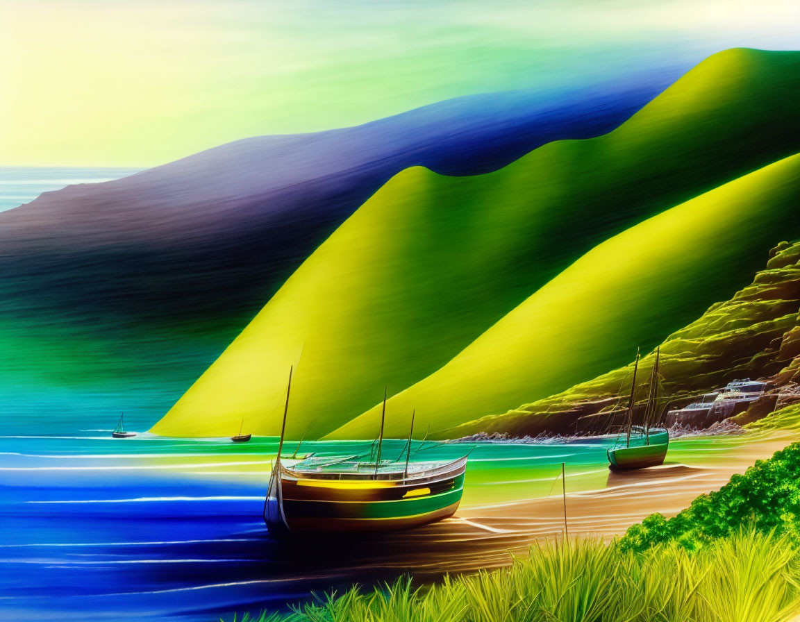 Vibrant Coastal Landscape with Boats, Beach, Sea, and Hills