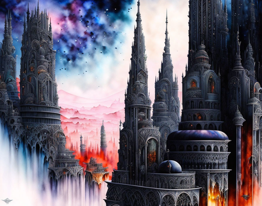 Intricate Gothic-style towers in fantasy artwork with stars and nebulae above.