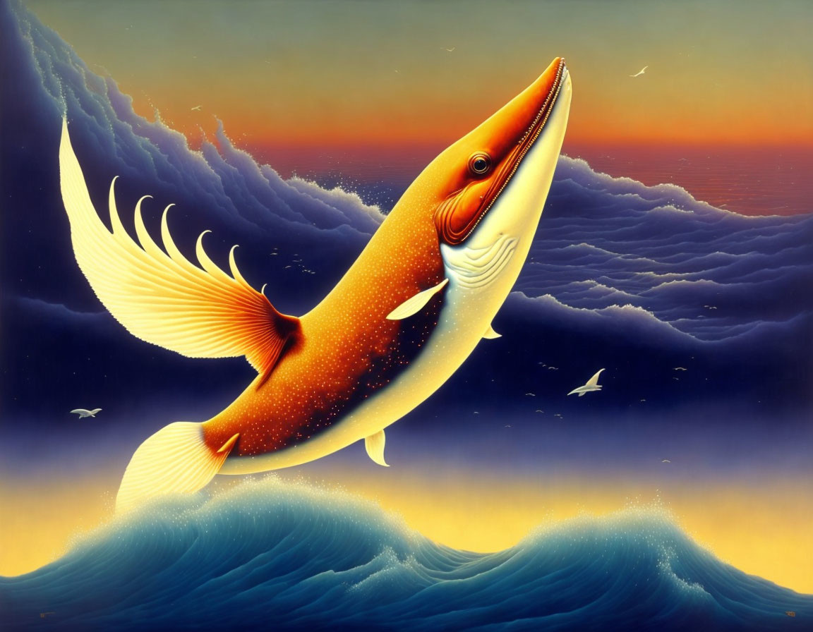 Stylized painting: Large orange fish leaping from ocean waves