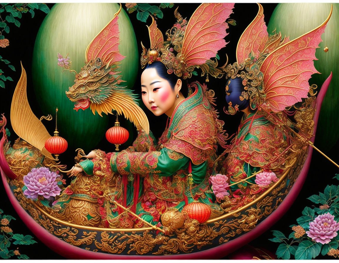 Traditional Chinese Attire Illustration with Dragon Decorations and Lantern