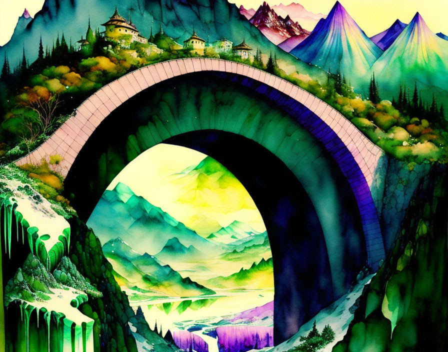 Vibrant watercolor painting of arched bridge, mountains, skies, and house