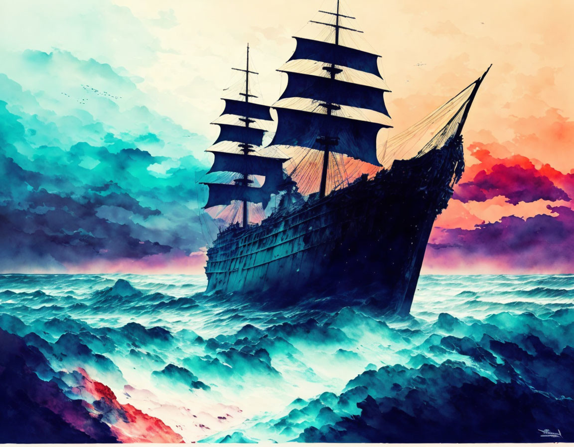 Colorful digital artwork: Sailing ship on stormy seas with vibrant sky.