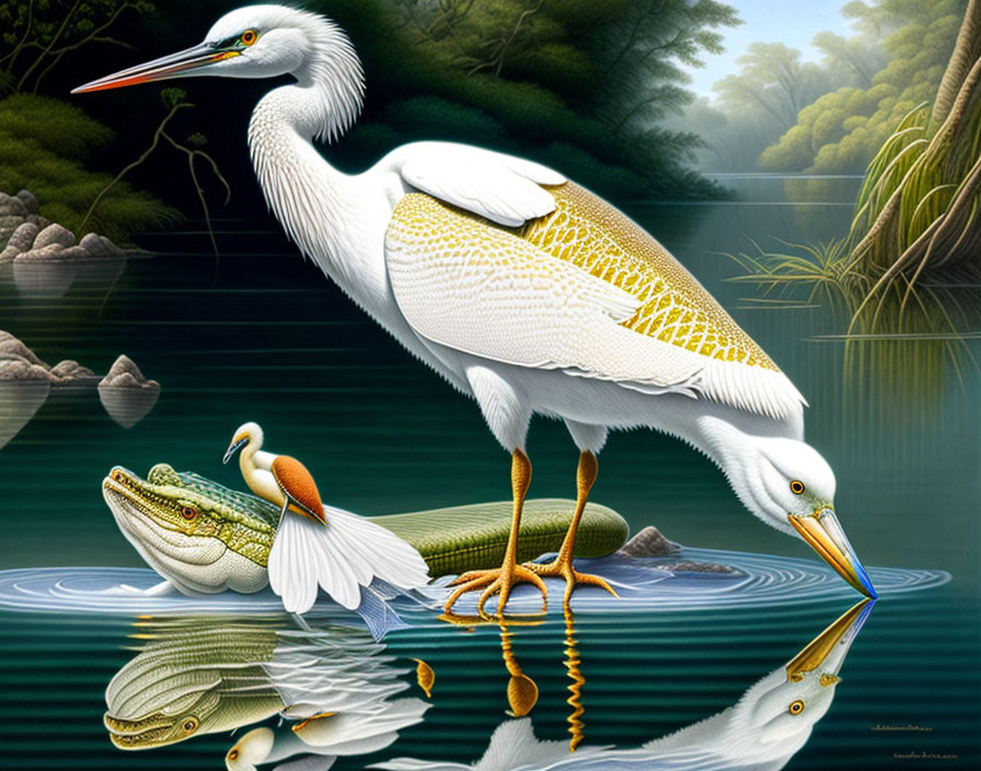 Digital artwork: Egret on log with fish and frog, adorned with golden lace patterns