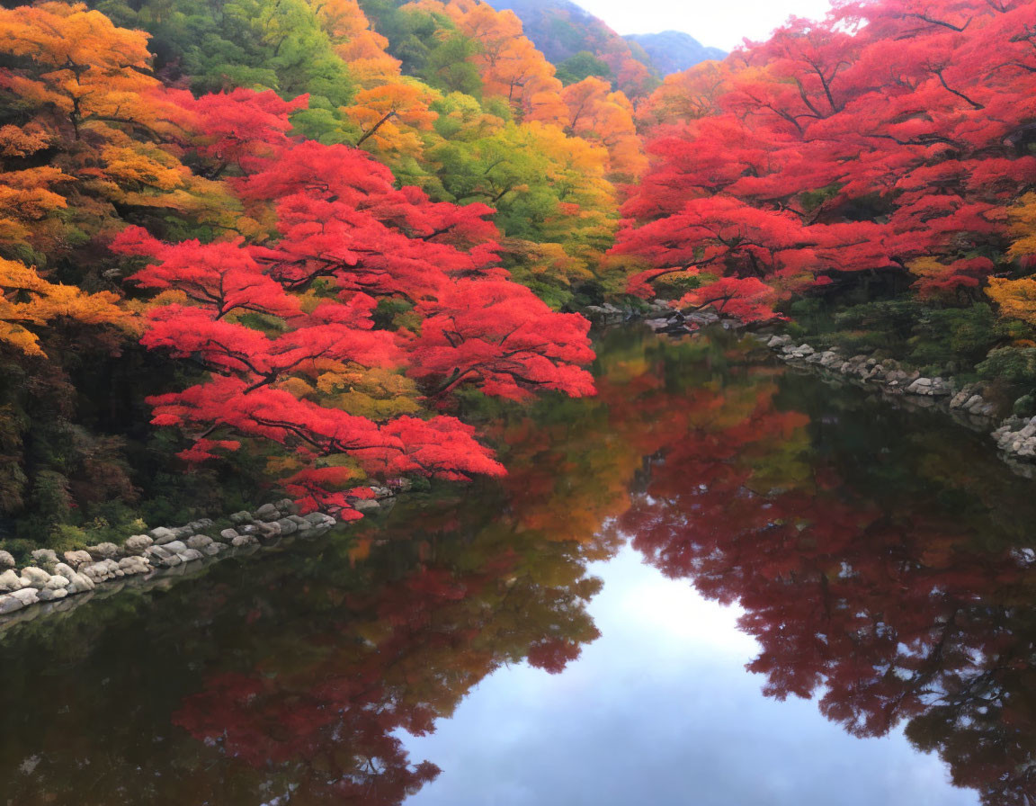 Autumn scene: Red and orange foliage reflected in serene river