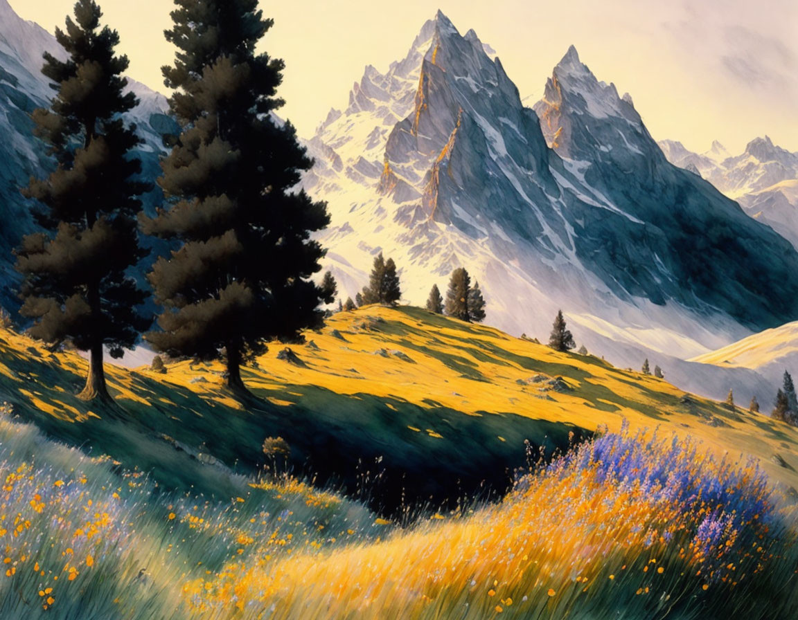 Sunlit alpine landscape with wildflower meadows, rocky peaks, and evergreen trees.