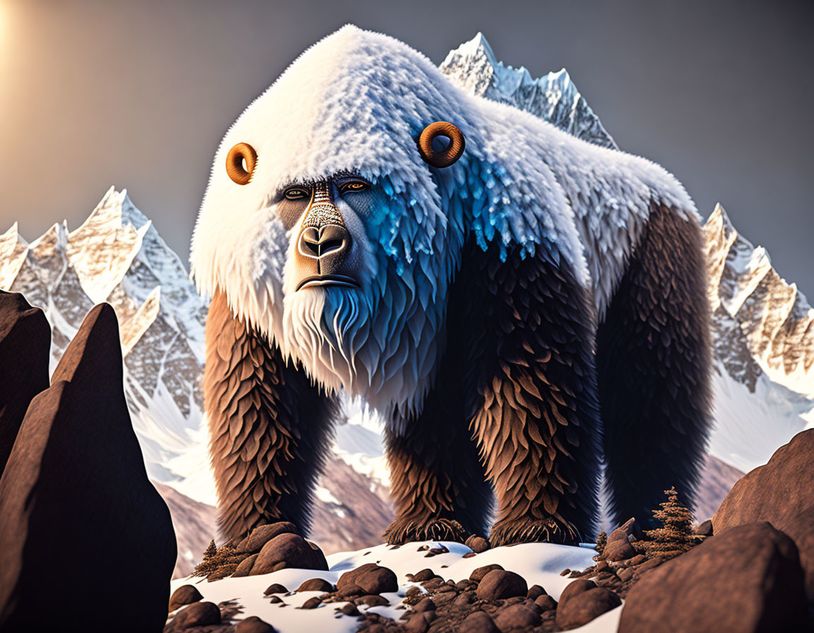 Mythical ape-like creature in snowy mountain setting