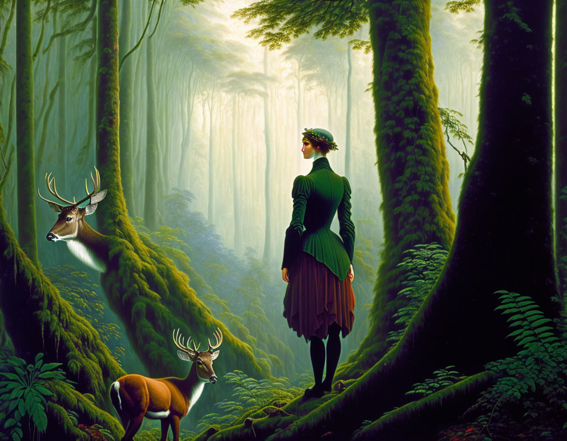 Historical woman in enchanted forest with deer and misty light