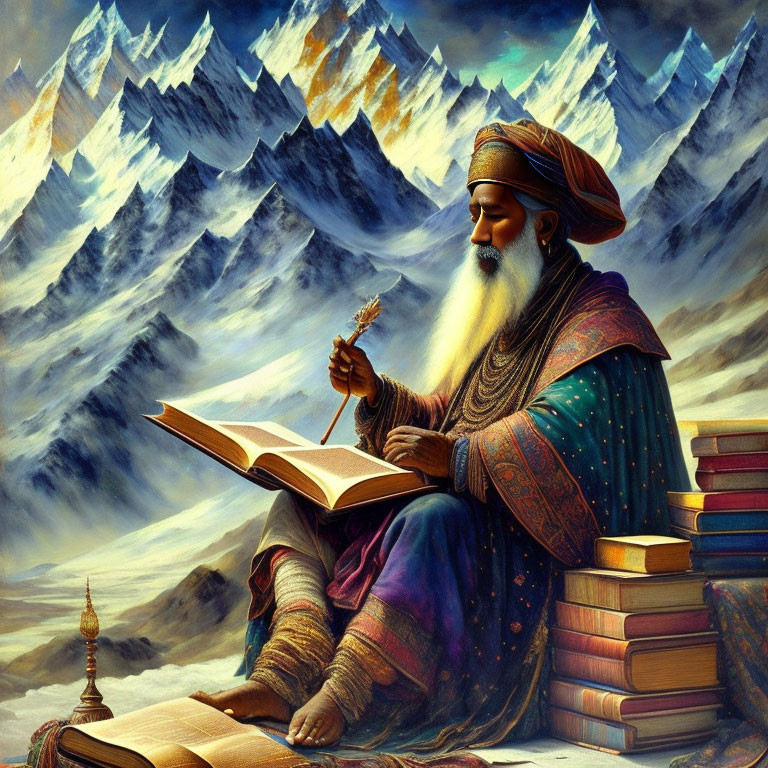 Elderly scholar in traditional attire reading book among mountains