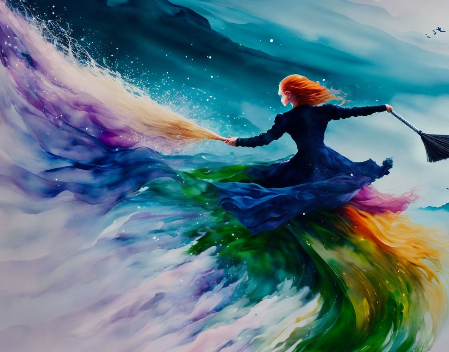 Red-Haired Witch Flying on Broomstick Over Colorful Magical Vortex