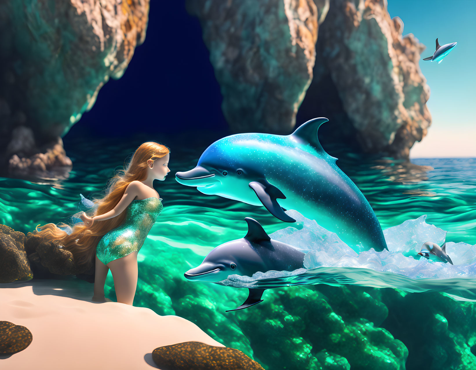 Mermaid with Long Hair and Dolphins in Clear Blue Ocean