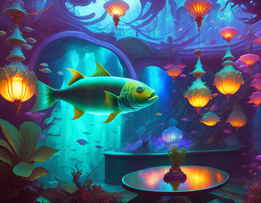 Colorful Underwater Scene with Floating Fish and Jellyfish-like Lamps