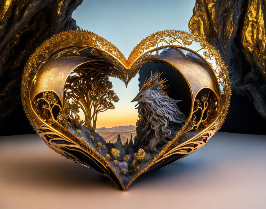 Golden heart-shaped sculpture with tree designs and flowing-haired figure in twilight landscape.