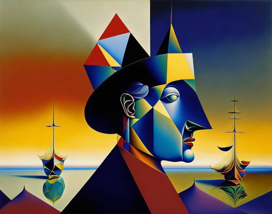 Colorful Surrealist Portrait Against Abstract Seascape with Stylized Ships